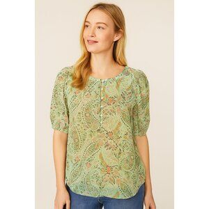 LOFT Puff Sleeve Henley Top Paisley Pistachio Green Sheer Lined Boho Top Size S